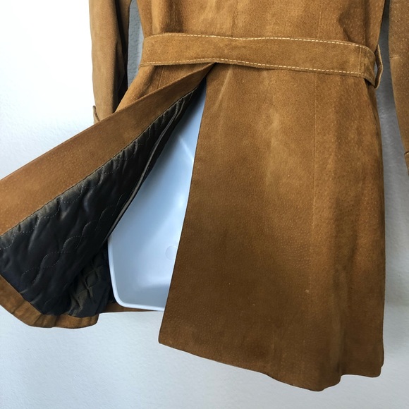 SOLD Vintage Caramel Suede & Fur Belted Coat Jacket 70s Size 40 - Picture 7 of 13